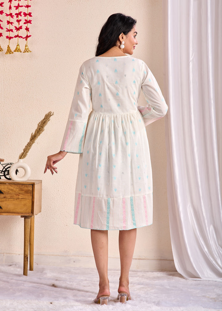 Ethnic Wear Cotton Tunic Set with Mirror Work & Lace - Off White, Tiered Sleeves, 3/4th Neck