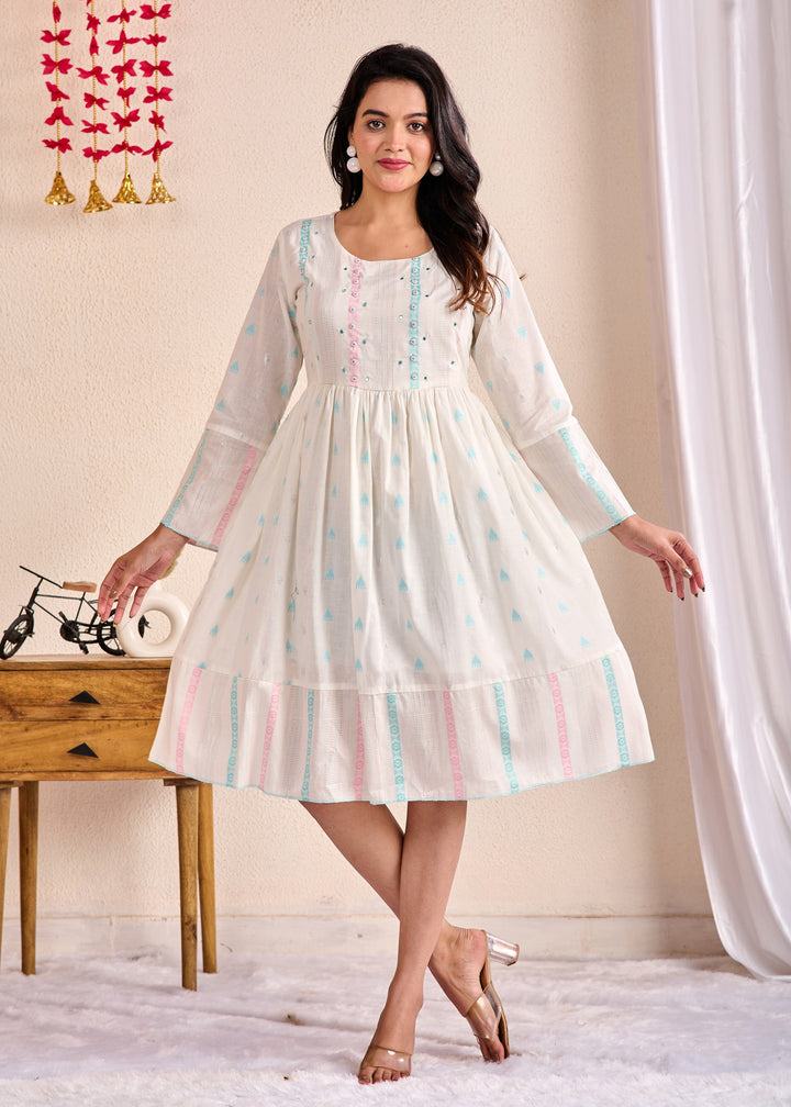 Ethnic Wear Cotton Tunic Set with Mirror Work & Lace - Off White, Tiered Sleeves, 3/4th Neck