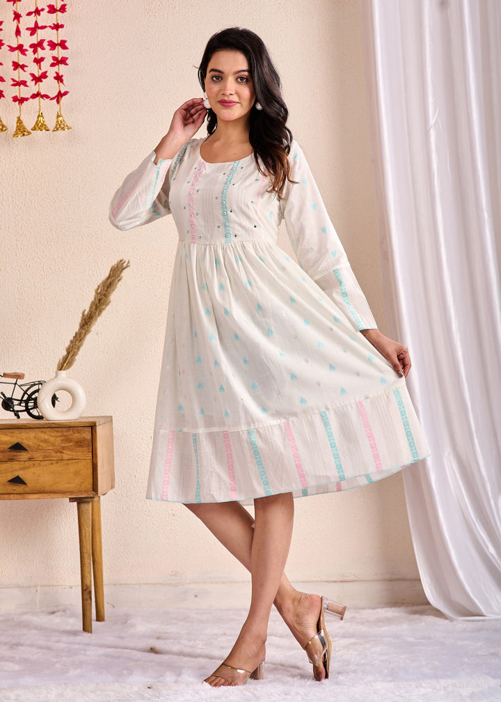 Ethnic Wear Cotton Tunic Set with Mirror Work & Lace - Off White, Tiered Sleeves, 3/4th Neck
