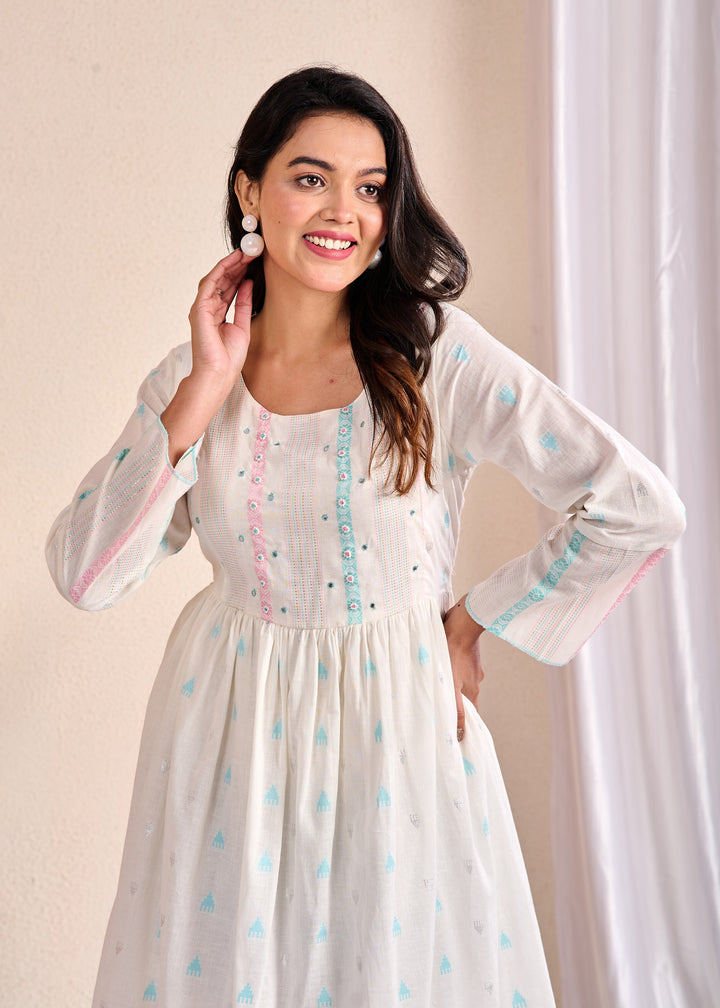 Ethnic Wear Cotton Tunic Set with Mirror Work & Lace - Off White, Tiered Sleeves, 3/4th Neck