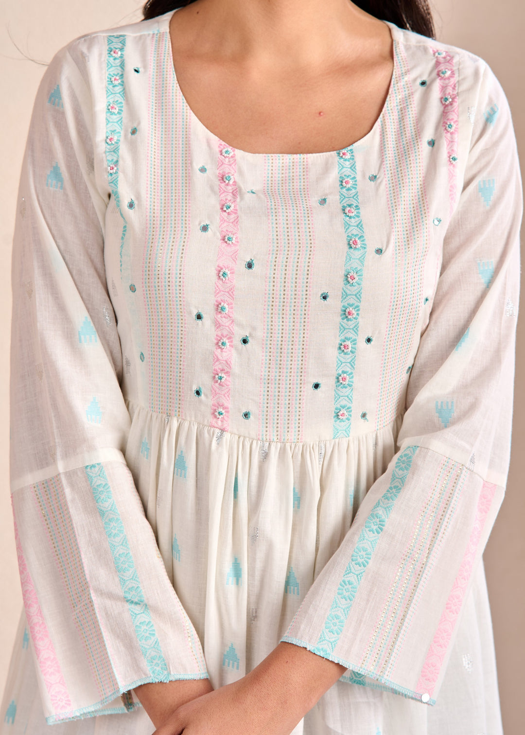 Ethnic Wear Cotton Tunic Set with Mirror Work & Lace - Off White, Tiered Sleeves, 3/4th Neck