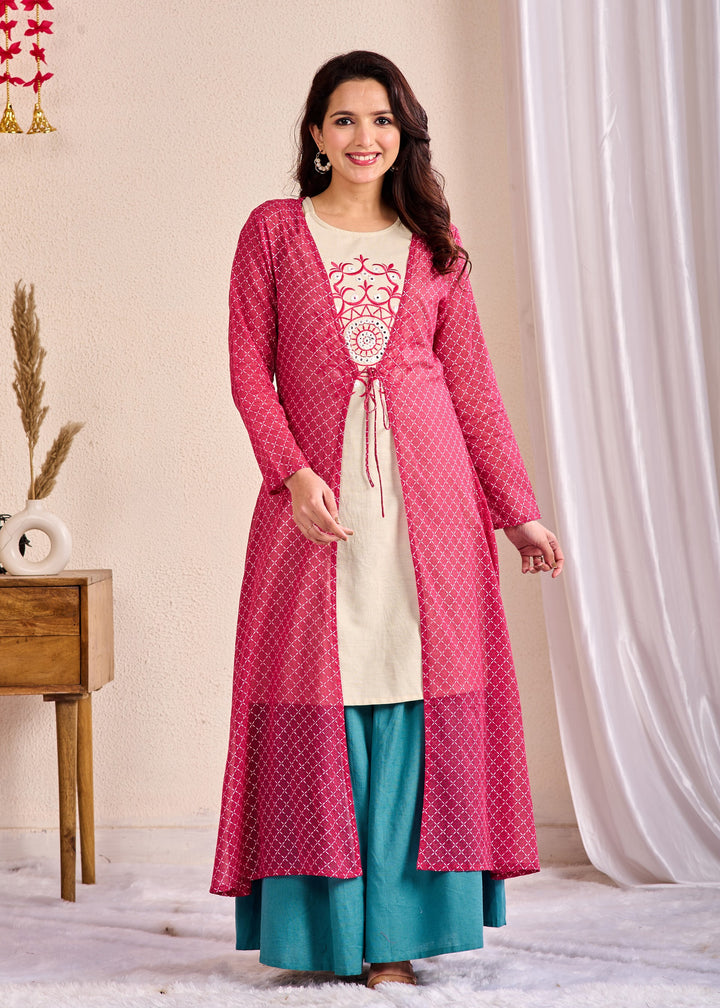 Elegant 3-Piece Western Wear Shrugs Set - Cotton with Embroidered Mirror Work in Red-Green Combination (M-XXL)