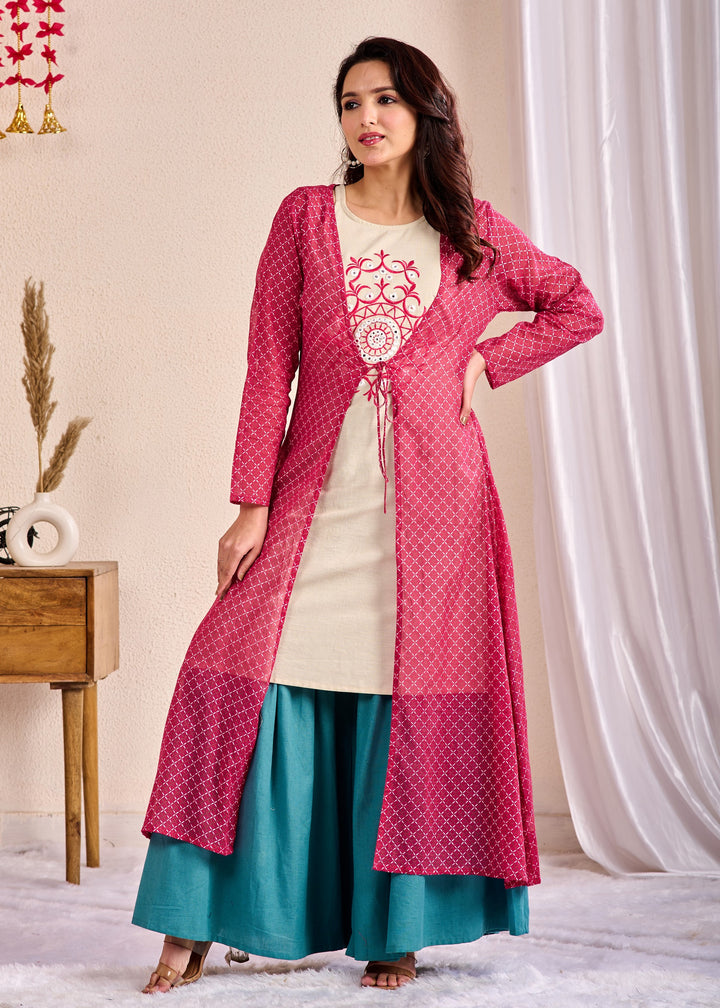 Elegant 3-Piece Western Wear Shrugs Set - Cotton with Embroidered Mirror Work in Red-Green Combination (M-XXL)