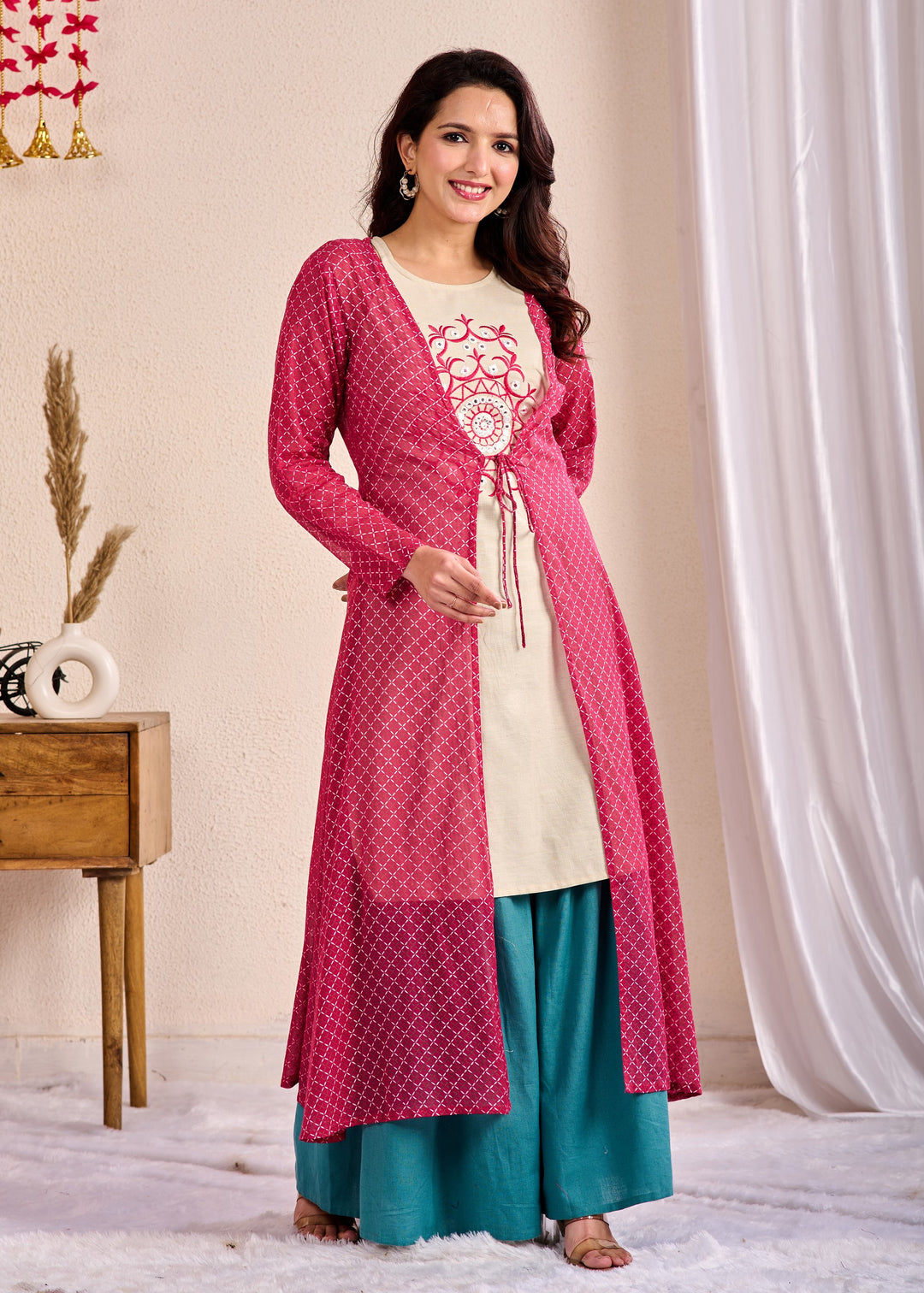 Elegant 3-Piece Western Wear Shrugs Set - Cotton with Embroidered Mirror Work in Red-Green Combination (M-XXL)