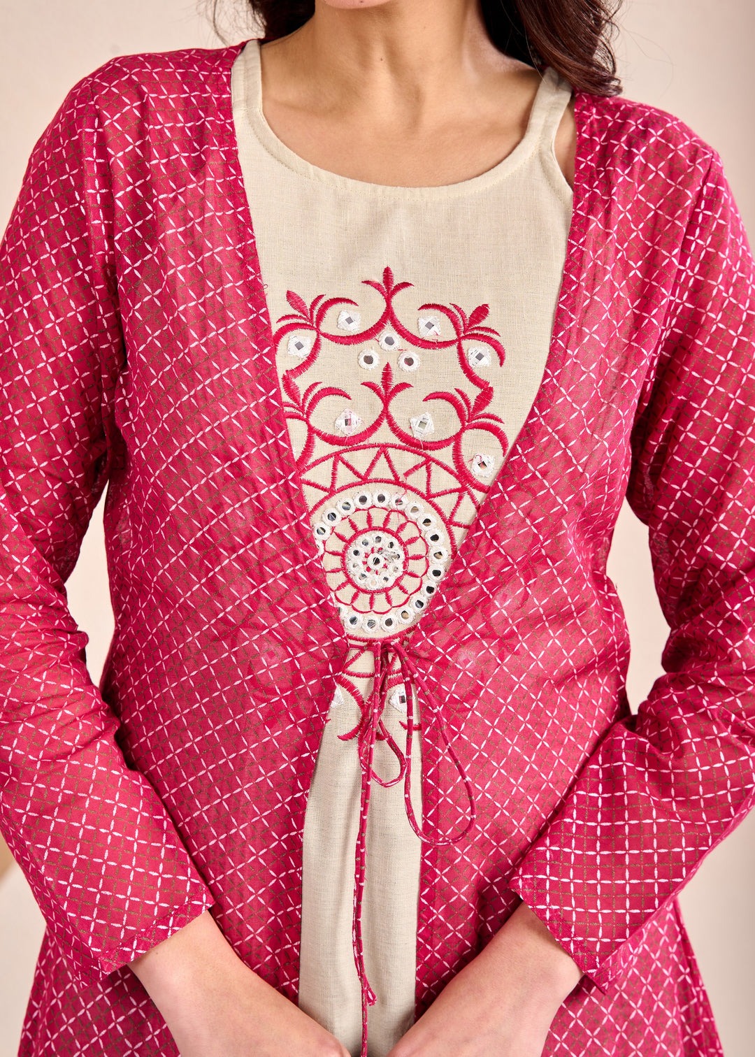 Elegant 3-Piece Western Wear Shrugs Set - Cotton with Embroidered Mirror Work in Red-Green Combination (M-XXL)