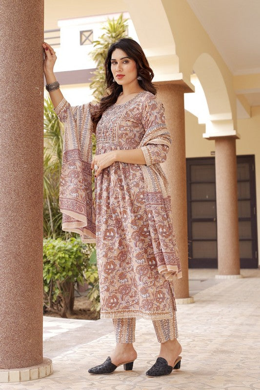 Elegant A-Line Cotton Suit - Naira Cut, Round Neck, 3/4th Sleeves, Available in Brown & Beige