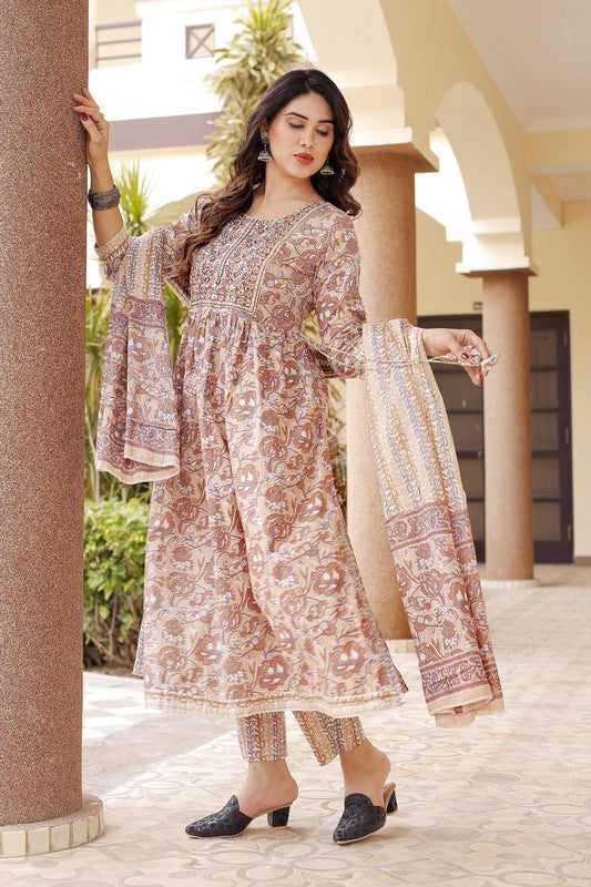 Elegant A-Line Cotton Suit - Naira Cut, Round Neck, 3/4th Sleeves, Available in Brown & Beige
