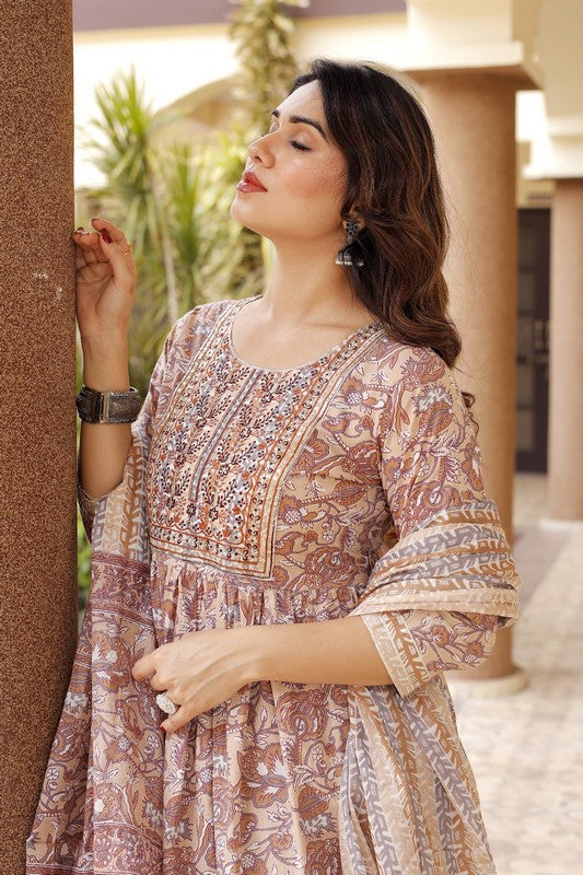 Elegant A-Line Cotton Suit - Naira Cut, Round Neck, 3/4th Sleeves, Available in Brown & Beige