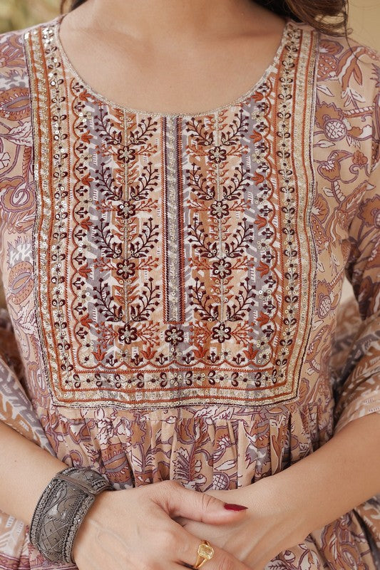 Elegant A-Line Cotton Suit - Naira Cut, Round Neck, 3/4th Sleeves, Available in Brown & Beige