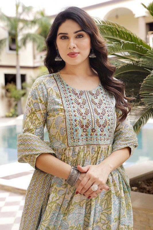 Elegant A-Line Cotton Suit - Naira Cut, Round Neck, 3/4th Sleeves, Available in Brown & Beige