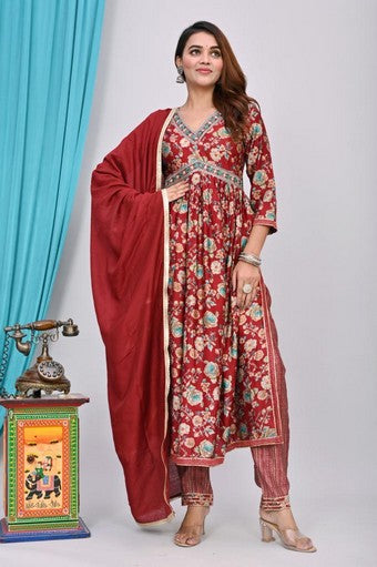 Graceful Maroon Muslin Anarkali Suit - 3/4 Sleeves with V-Neck (Sizes M, L, XL, XXL)
