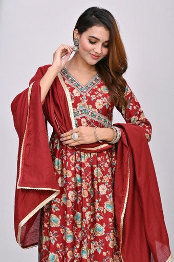 Graceful Maroon Muslin Anarkali Suit - 3/4 Sleeves with V-Neck (Sizes M, L, XL, XXL)