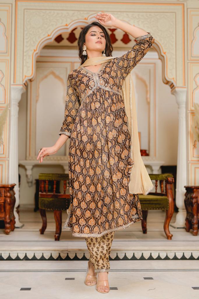 Muslin Cotton Aliya Cut Kurta Set - V-Neck, 3/4th Sleeves (M to XXL)