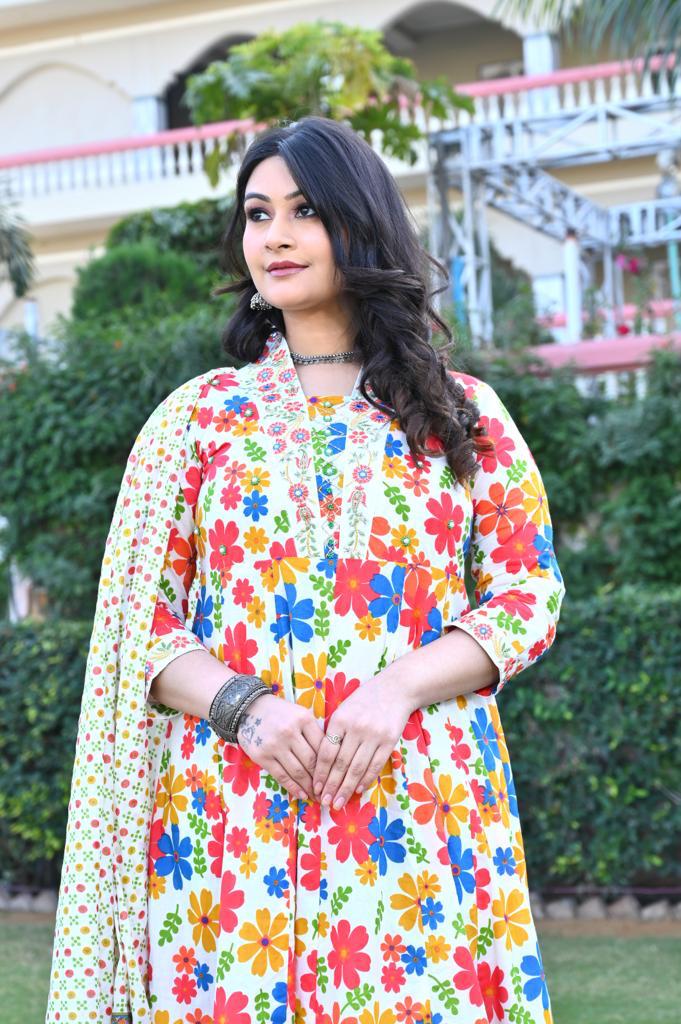 Multi-Color Cotton Anarkali Suit - V-Neck, 3/4th Sleeves (M to XXL)