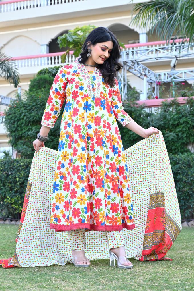 Multi-Color Cotton Anarkali Suit - V-Neck, 3/4th Sleeves (M to XXL)
