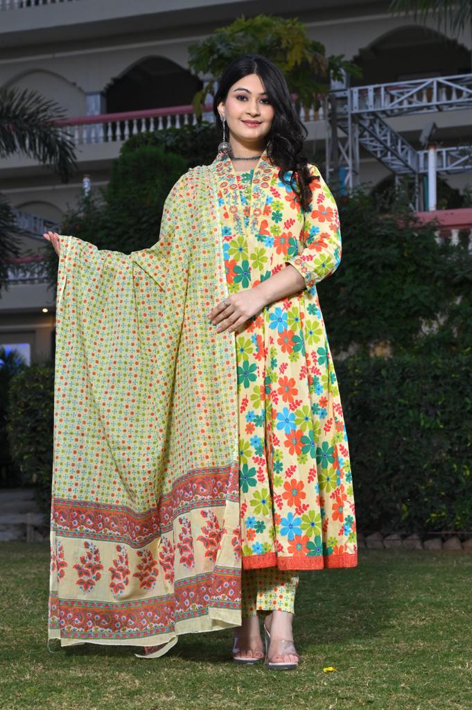 Multi-Color Cotton Anarkali Suit - V-Neck, 3/4th Sleeves (M to XXL)