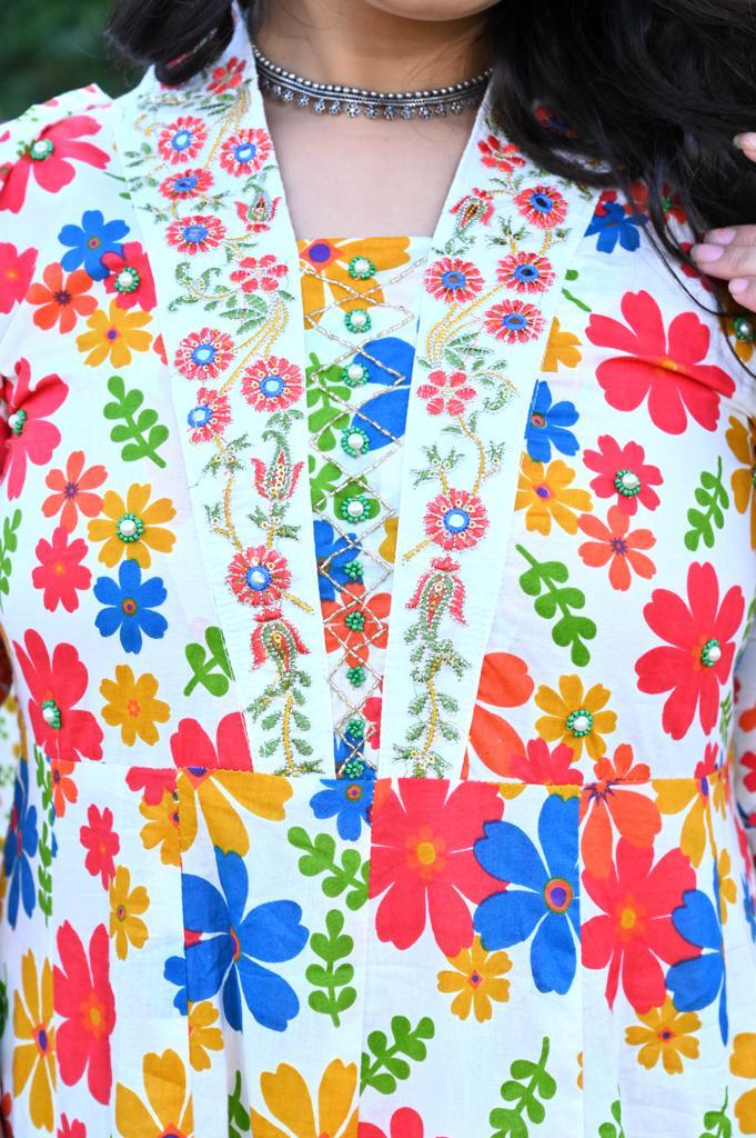 Multi-Color Cotton Anarkali Suit - V-Neck, 3/4th Sleeves (M to XXL)