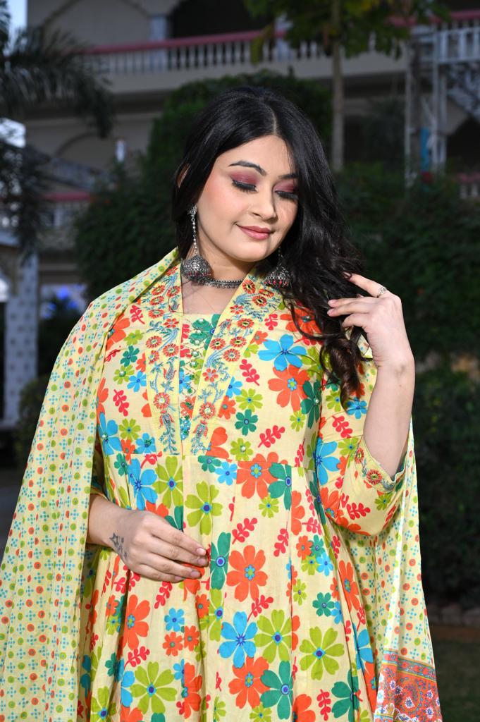 Multi-Color Cotton Anarkali Suit - V-Neck, 3/4th Sleeves (M to XXL)