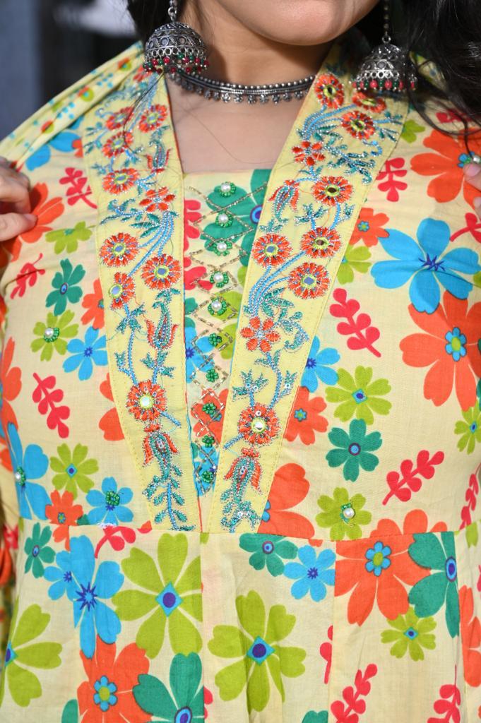 Multi-Color Cotton Anarkali Suit - V-Neck, 3/4th Sleeves (M to XXL)