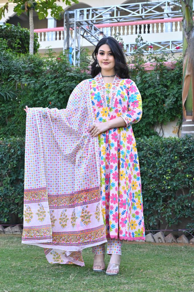 Multi-Color Cotton Anarkali Suit - V-Neck, 3/4th Sleeves (M to XXL)