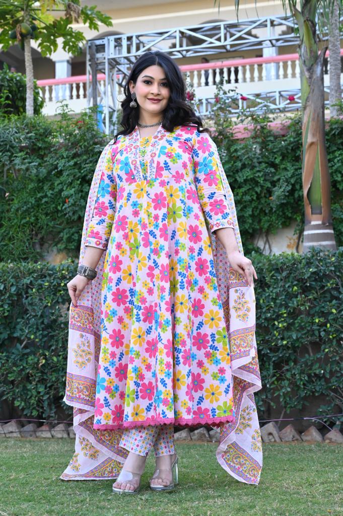 Multi-Color Cotton Anarkali Suit - V-Neck, 3/4th Sleeves (M to XXL)
