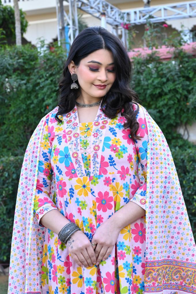 Multi-Color Cotton Anarkali Suit - V-Neck, 3/4th Sleeves (M to XXL)