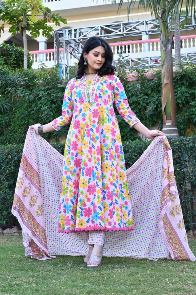 Multi-Color Cotton Anarkali Suit - V-Neck, 3/4th Sleeves (M to XXL)