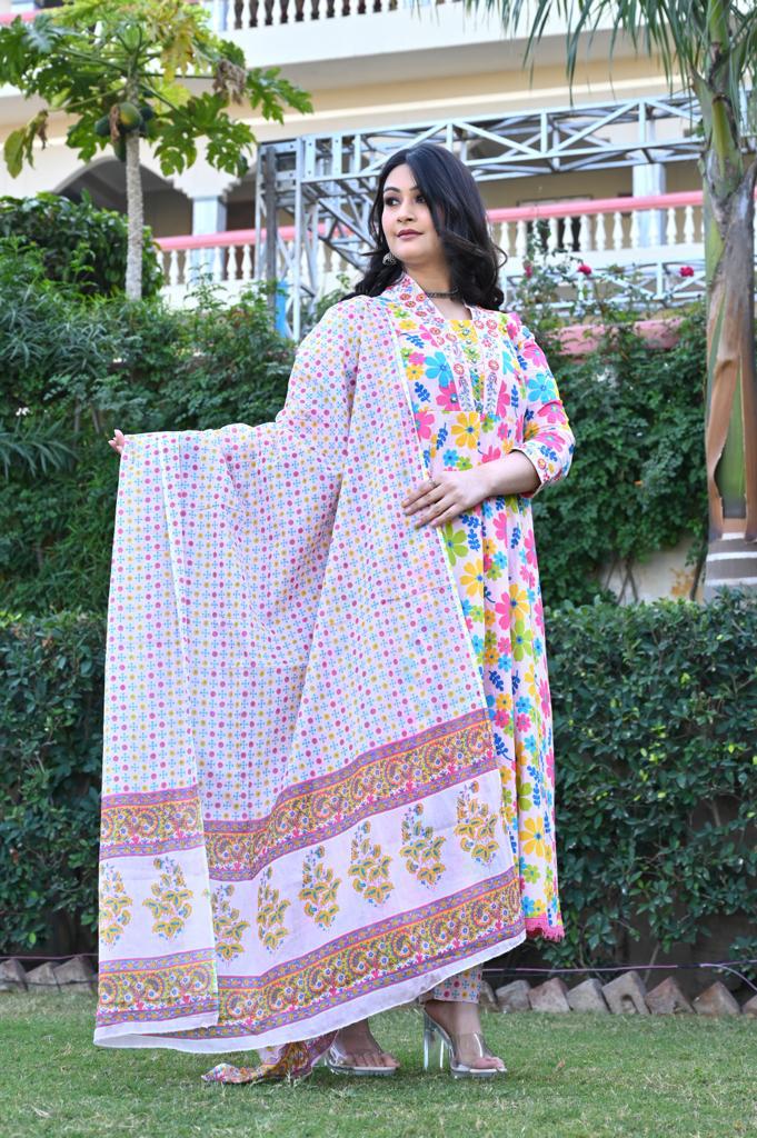 Multi-Color Cotton Anarkali Suit - V-Neck, 3/4th Sleeves (M to XXL)