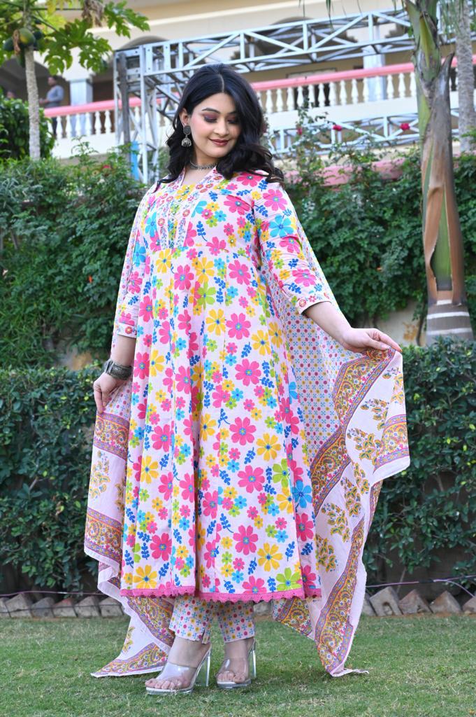 Multi-Color Cotton Anarkali Suit - V-Neck, 3/4th Sleeves (M to XXL)