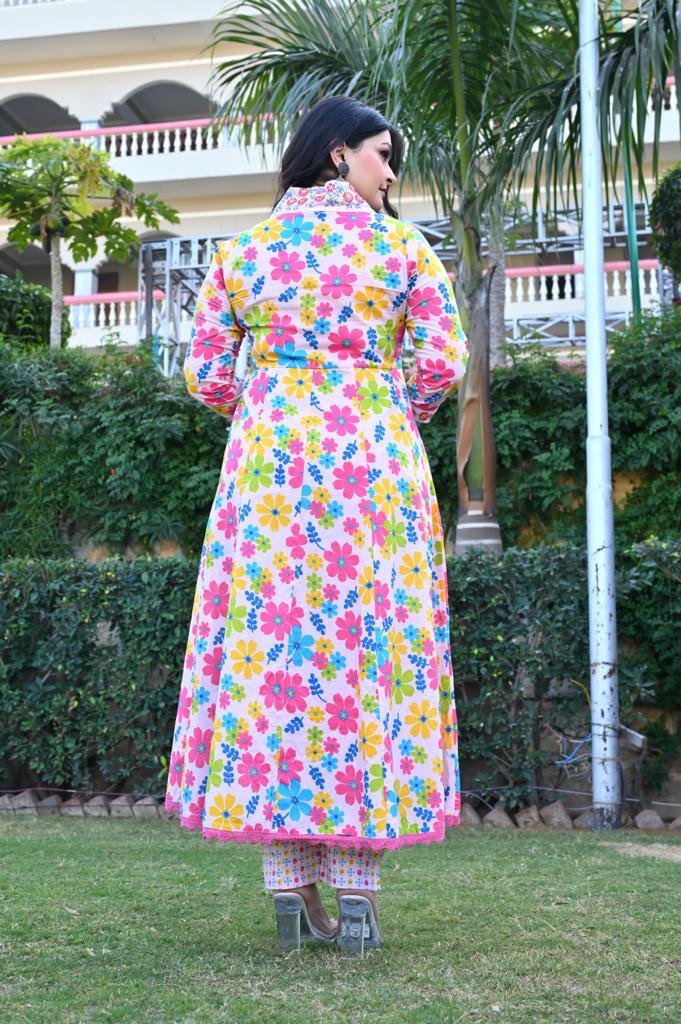 Multi-Color Cotton Anarkali Suit - V-Neck, 3/4th Sleeves (M to XXL)
