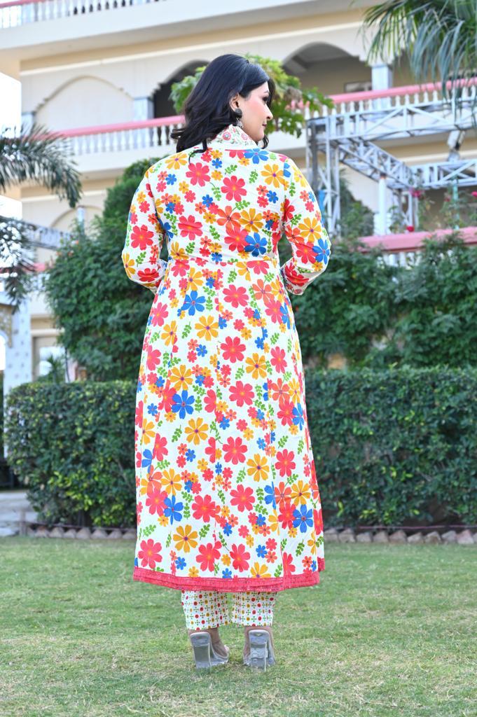 Multi-Color Cotton Anarkali Suit - V-Neck, 3/4th Sleeves (M to XXL)