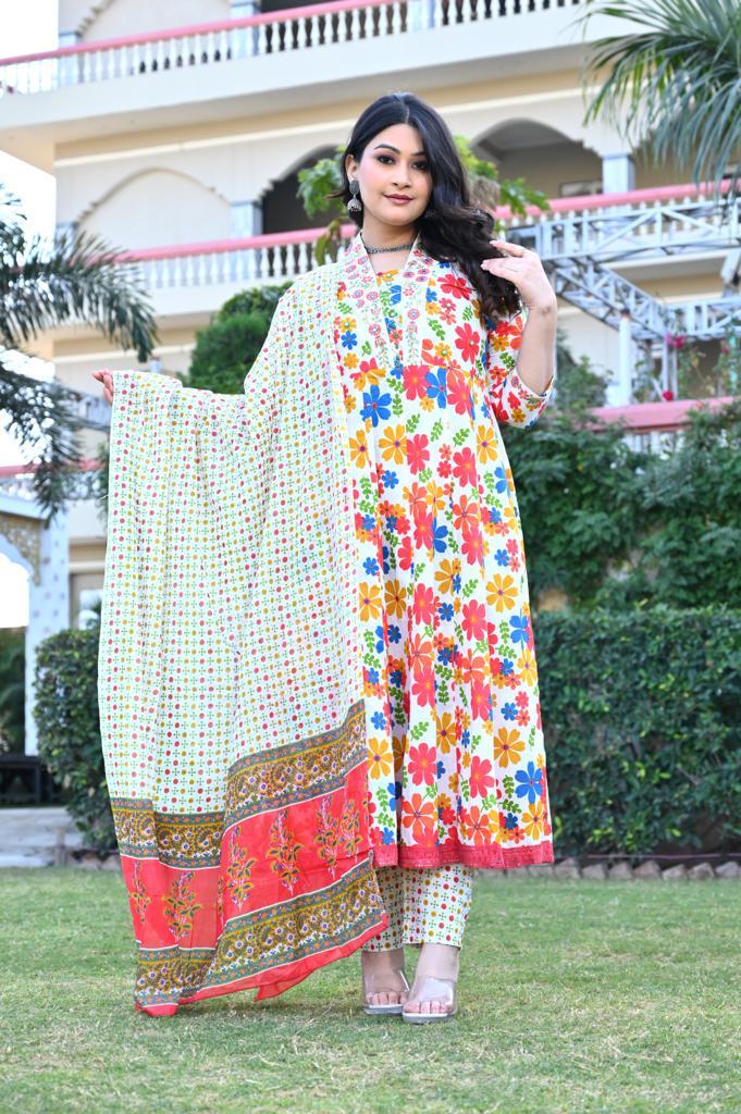 Multi-Color Cotton Anarkali Suit - V-Neck, 3/4th Sleeves (M to XXL)