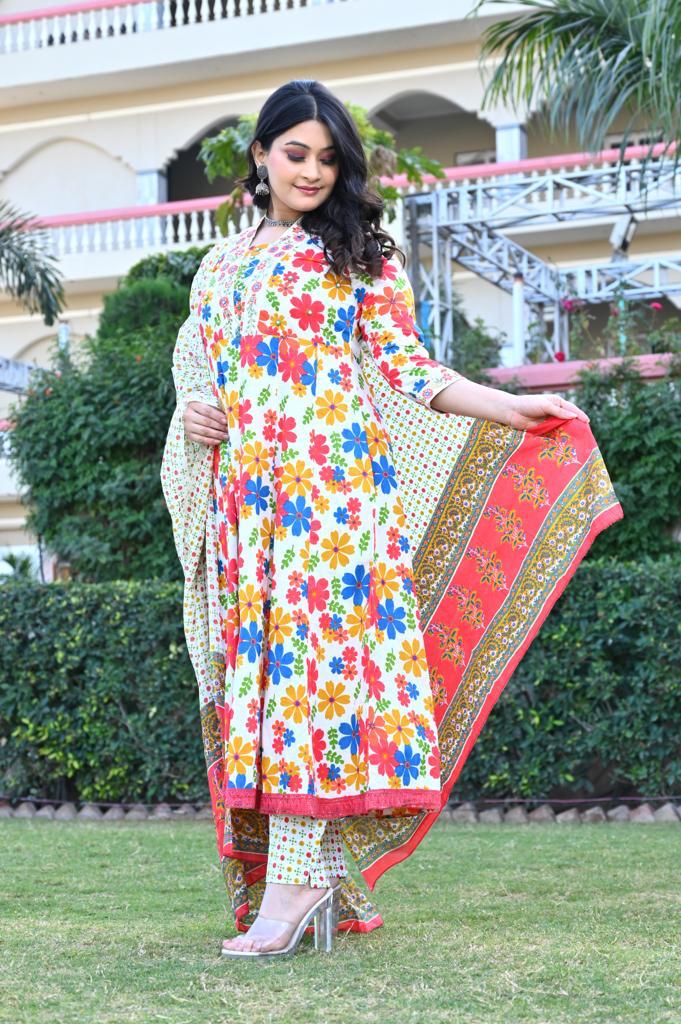 Multi-Color Cotton Anarkali Suit - V-Neck, 3/4th Sleeves (M to XXL)