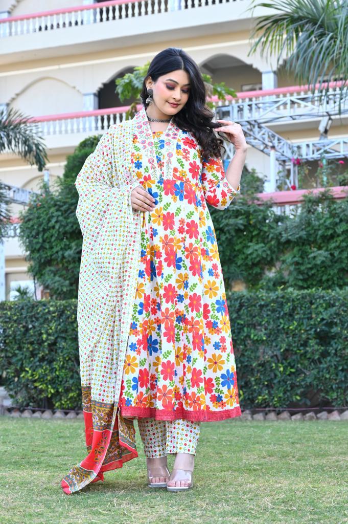 Multi-Color Cotton Anarkali Suit - V-Neck, 3/4th Sleeves (M to XXL)