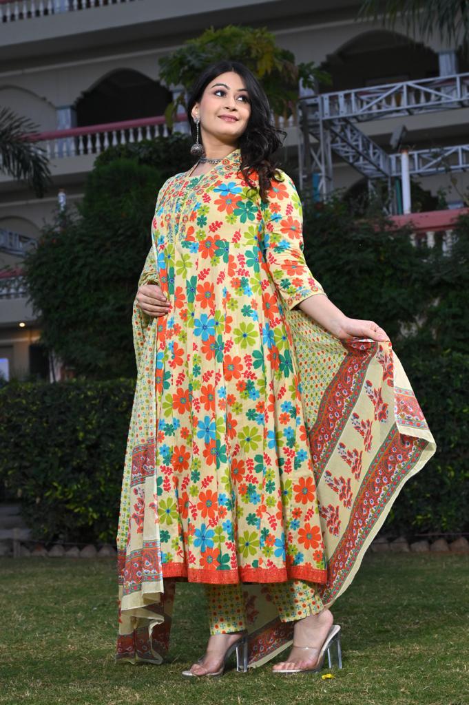 Multi-Color Cotton Anarkali Suit - V-Neck, 3/4th Sleeves (M to XXL)