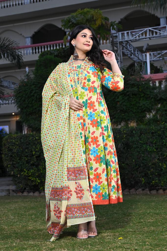 Multi-Color Cotton Anarkali Suit - V-Neck, 3/4th Sleeves (M to XXL)