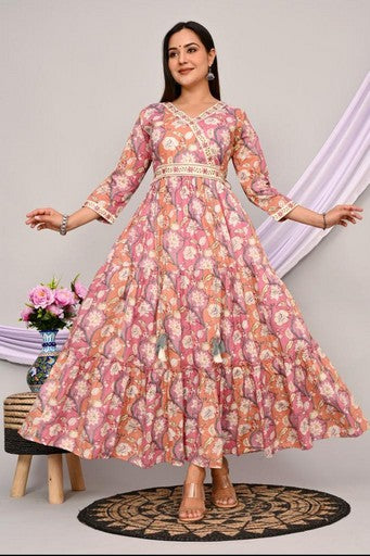Graceful Pink & Multi-Color Cotton Mulmul Anarkali Gown Set with Belt & Lace Detailing