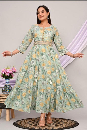 Elegant Cotton Mulmul 2-Piece Gown Dress Set - Pista Green & Carrot, Anarkali Style with Belt & Lace Detailing