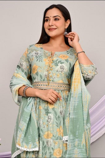 Elegant Cotton Mulmul 2-Piece Gown Dress Set - Pista Green & Carrot, Anarkali Style with Belt & Lace Detailing