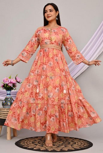 Elegant Cotton Mulmul 2-Piece Gown Dress Set - Pista Green & Carrot, Anarkali Style with Belt & Lace Detailing