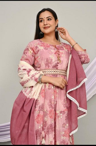 Elegant Cotton Mulmul 2-Piece Gown Dress Set - Pista Green & Carrot, Anarkali Style with Belt & Lace Detailing