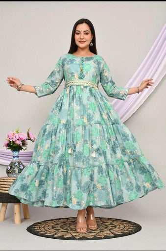 Elegant Cotton Mulmul 2-Piece Gown Dress Set - Pista Green & Carrot, Anarkali Style with Belt & Lace Detailing