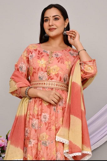 Elegant Cotton Mulmul 2-Piece Gown Dress Set - Pista Green & Carrot, Anarkali Style with Belt & Lace Detailing