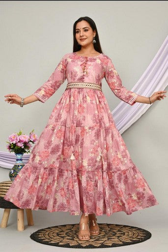 Elegant Cotton Mulmul 2-Piece Gown Dress Set - Pista Green & Carrot, Anarkali Style with Belt & Lace Detailing