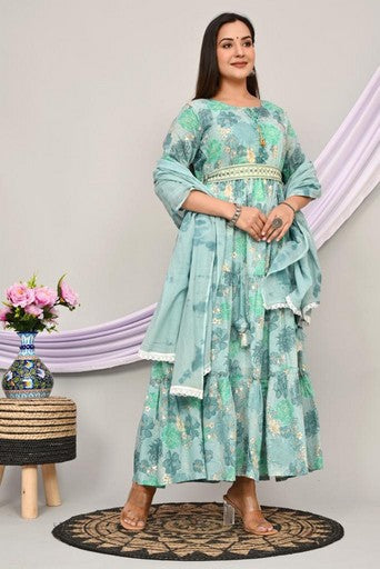 Elegant Cotton Mulmul 2-Piece Gown Dress Set - Pista Green & Carrot, Anarkali Style with Belt & Lace Detailing
