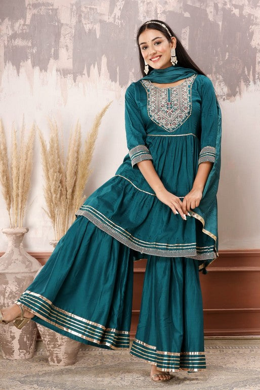 Royal Elegance 3-Piece Muslin Sharara Suit Set – Zardosi, Gotta Patti, and Zari Embellishments