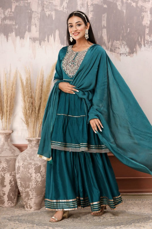 Royal Elegance 3-Piece Muslin Sharara Suit Set – Zardosi, Gotta Patti, and Zari Embellishments