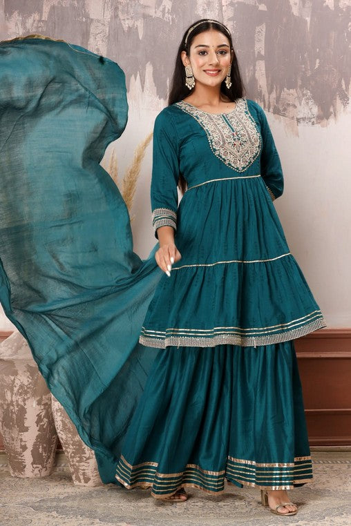 Royal Elegance 3-Piece Muslin Sharara Suit Set – Zardosi, Gotta Patti, and Zari Embellishments