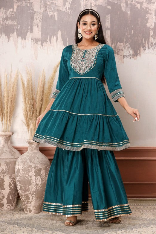 Royal Elegance 3-Piece Muslin Sharara Suit Set – Zardosi, Gotta Patti, and Zari Embellishments