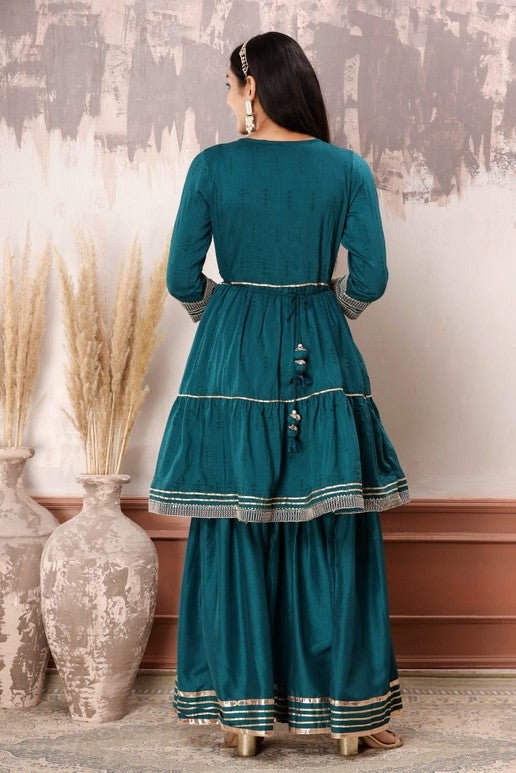 Royal Elegance 3-Piece Muslin Sharara Suit Set – Zardosi, Gotta Patti, and Zari Embellishments
